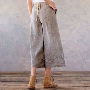 Sundance Linen-Blend Striped Wide Leg Cropped Pants in Gray/Cream